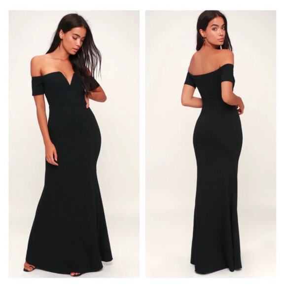 NWT Lulus Lynne Black Off-the-Shoulder Stretch Crepe Maxi Dress Gown XS - Picture 1 of 13